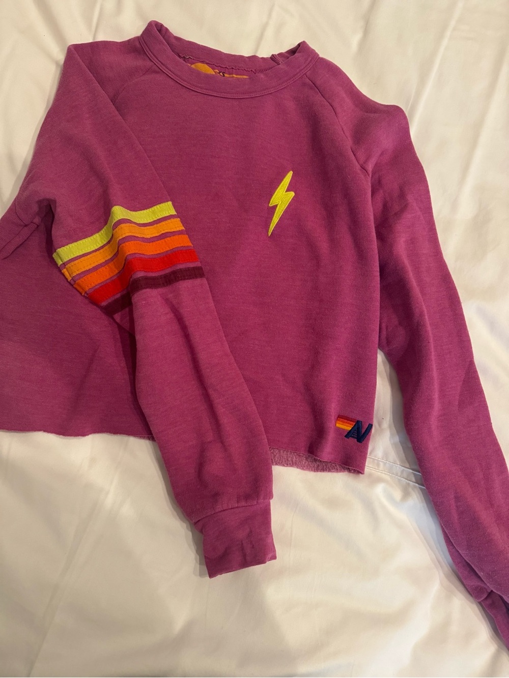 Aviator Nation Magenta Crewneck with Rainbow Stripe & Yellow Lightning Bolt